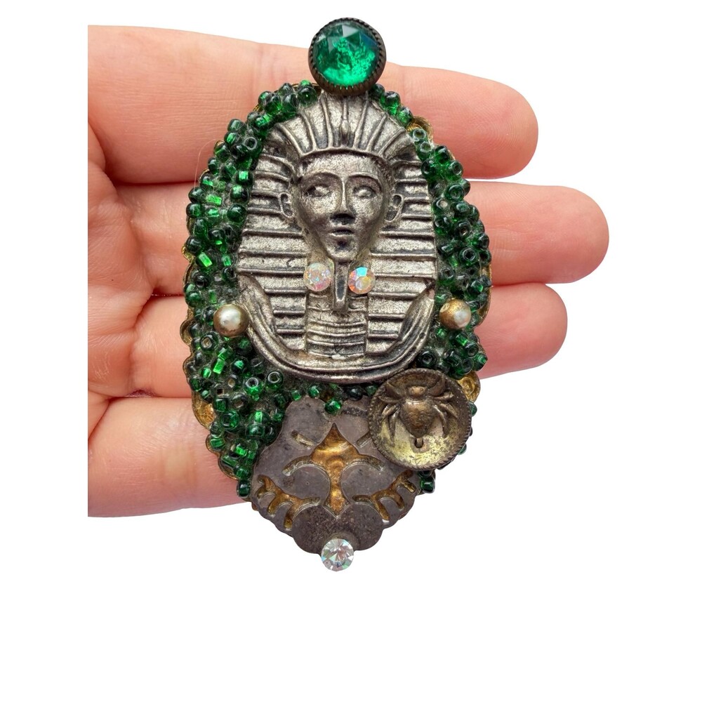 Egyptian Revival Pharaoh Brooch | Green Beaded Mixed Media Statement Pin | Scara